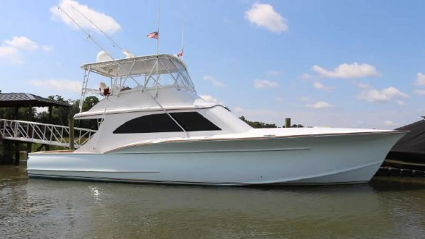 Craig Blackwell 50 custom convertible sport fishing yacht at the dock in Savannah, GA