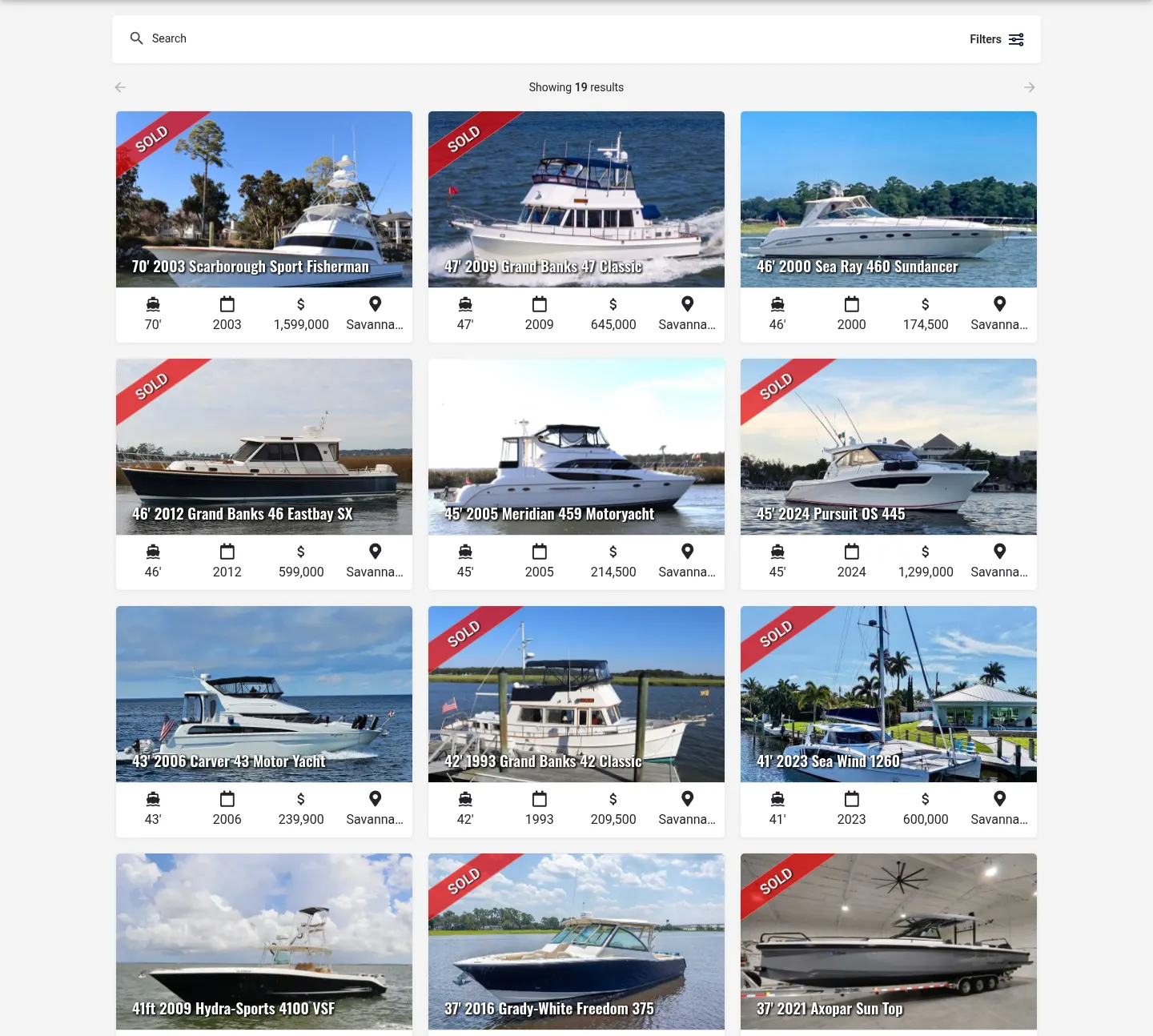 Screenshot of the existing Donnelly Yachts inventory page, which stays rendered by the MyListing theme