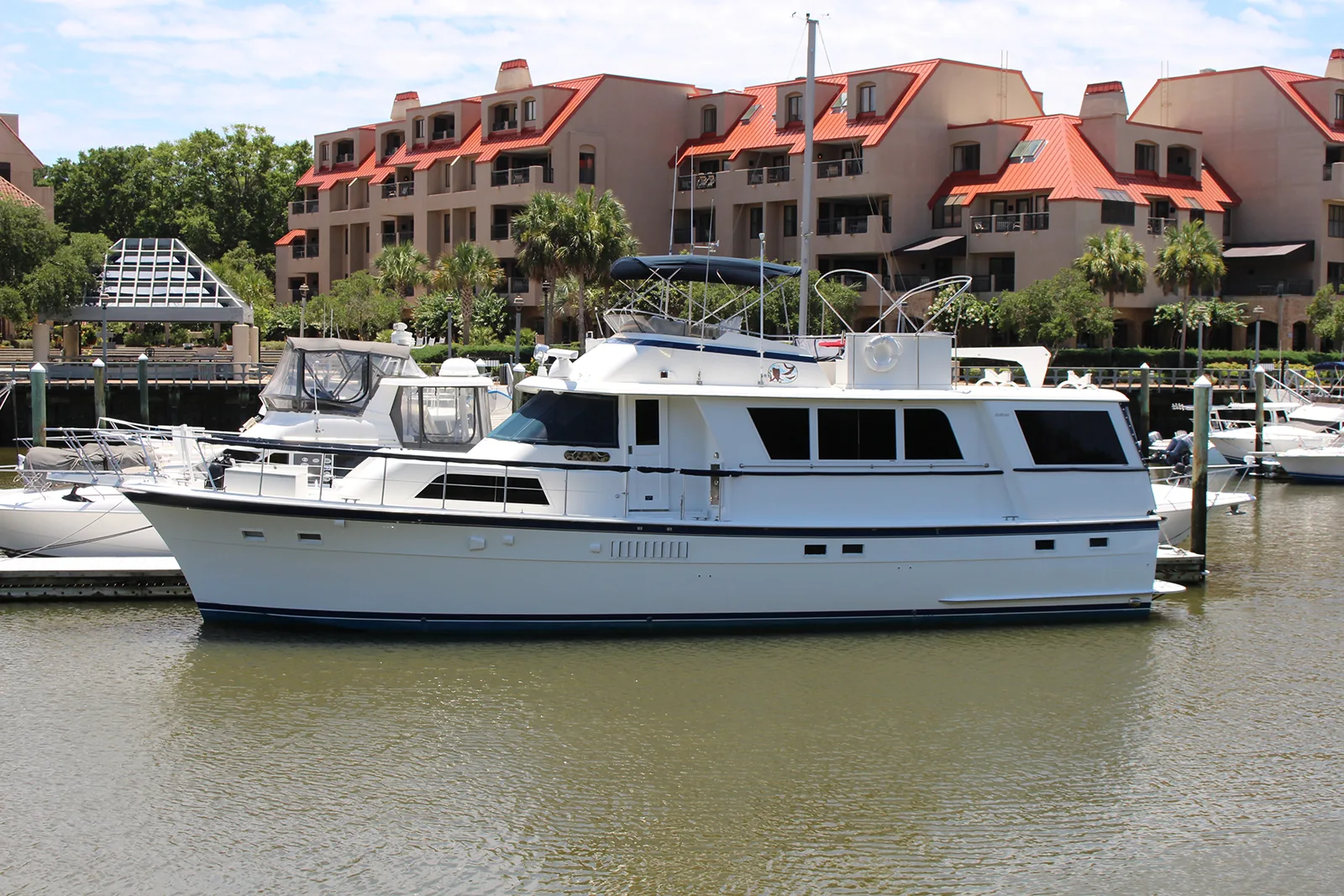 58-foot 1978 Hatteras motor yacht at the dock, sold by Donnelly Yachts, Savannah GA